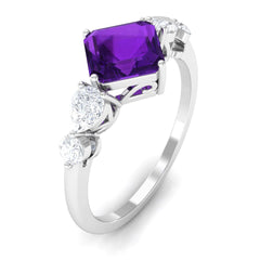 Asscher Cut Amethyst Solitaire Ring with Moissanite Side Stone