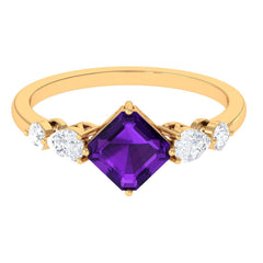 Asscher Cut Amethyst Solitaire Ring with Moissanite Side Stone