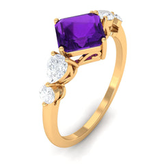 Asscher Cut Amethyst Solitaire Ring with Moissanite Side Stone