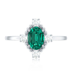 Vintage Inspired Lab Grown Emerald Oval Engagement Ring with Diamond