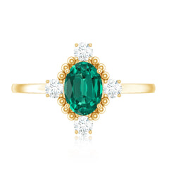 Vintage Inspired Lab Grown Emerald Oval Engagement Ring with Diamond