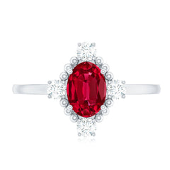 Vintage Inspired Lab Grown Ruby Oval Engagement Ring with Diamonds