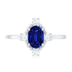 Vintage Style 1 Carat Lab Grown Blue Sapphire Oval Engagement Ring with Diamond