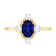 Vintage Style 1 Carat Lab Grown Blue Sapphire Oval Engagement Ring with Diamond