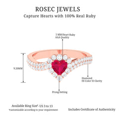 1.75 CT Heart Shape Ruby Bypass Engagement Ring with Diamond