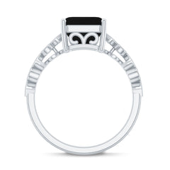 Genuine Black Onyx 8mm Asscher Cut Engagement Ring with Diamond
