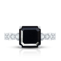 Genuine Black Onyx 8mm Asscher Cut Engagement Ring with Diamond