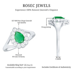 5X7 mm Pear Cut Emerald Engagement Ring with Diamond Halo