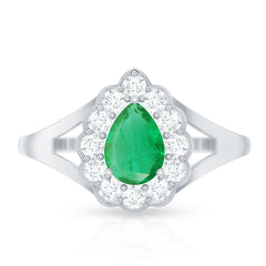 5X7 mm Pear Cut Emerald Engagement Ring with Diamond Halo
