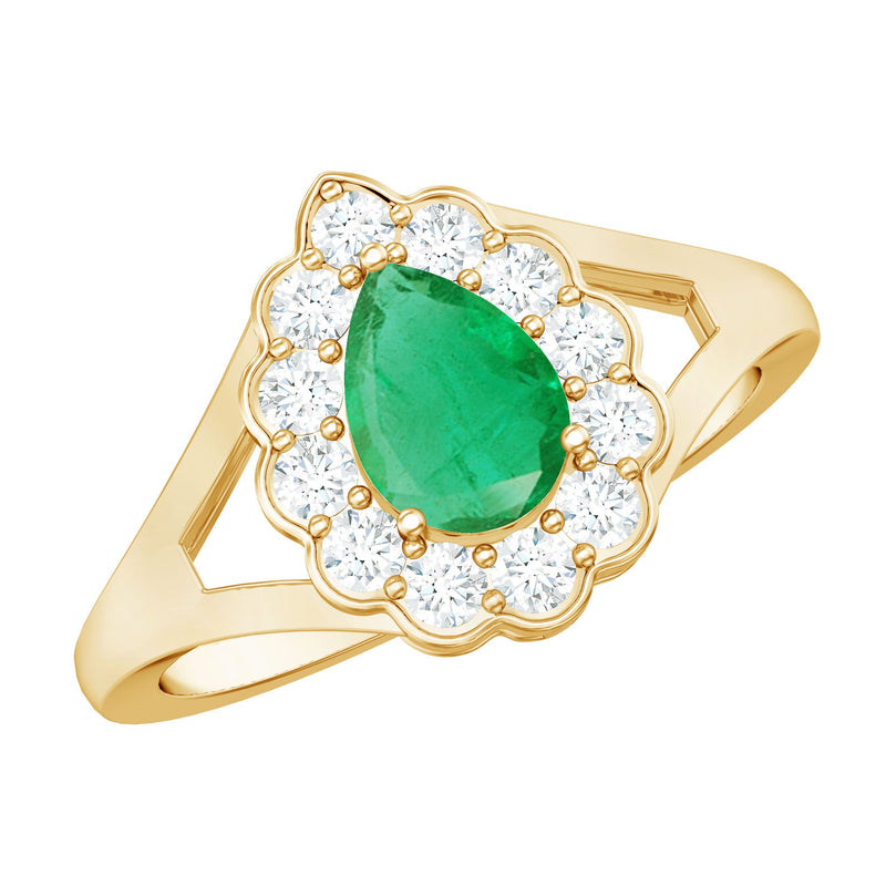 5X7 mm Pear Cut Emerald Engagement Ring with Diamond Halo
