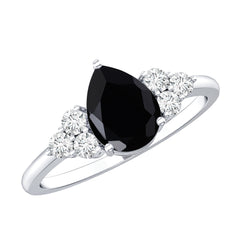 Pear Cut Created Black Diamond Solitaire Ring with Diamond Trio