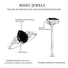 Pear Cut Created Black Diamond Solitaire Ring with Diamond Trio