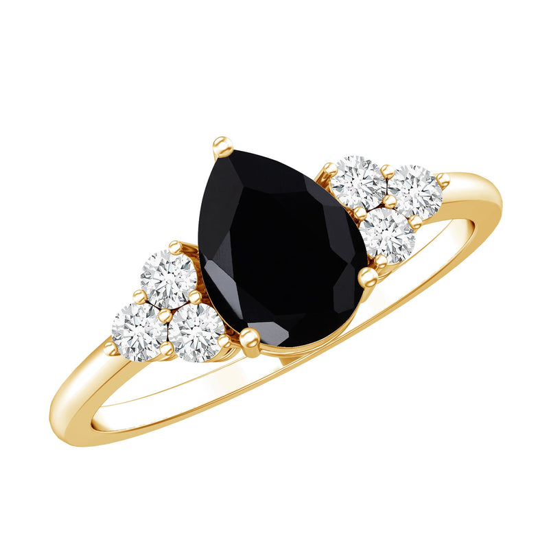 Pear Cut Created Black Diamond Solitaire Ring with Diamond Trio
