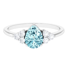 Genuine Aquamarine Teardrop Engagement Ring with Diamond Trio
