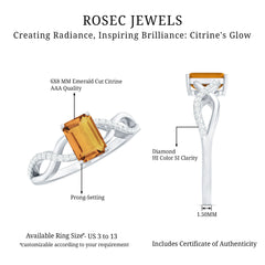 Real 6X8mm Citrine Emerald Cut Engagement Ring with Diamond Infinity Shank