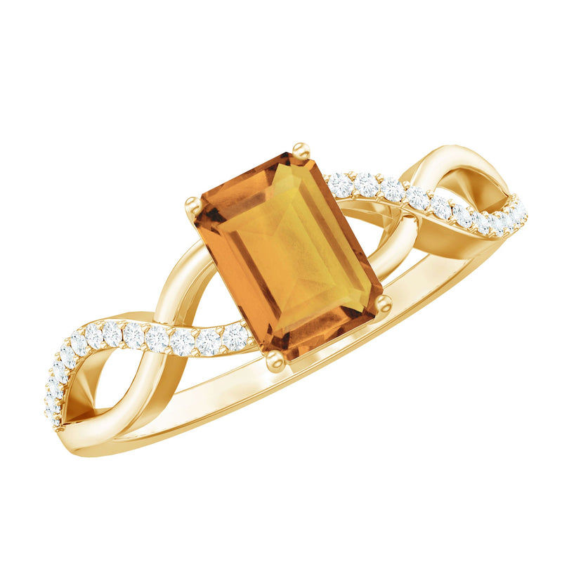 Real 6X8mm Citrine Emerald Cut Engagement Ring with Diamond Infinity Shank