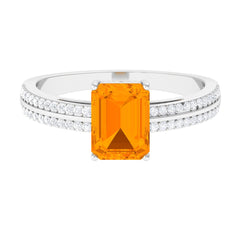 2 CT Emerald Cut Fire Opal and Diamond Side Stone Engagement Ring