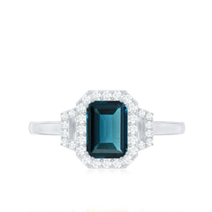 Emerald Cut Blue Topaz and Diamond Halo Engagement Ring