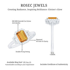 Genuine Citrine Emerald Cut Engagement Ring with Diamond Halo