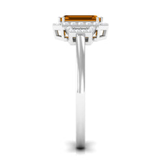 Genuine Citrine Emerald Cut Engagement Ring with Diamond Halo