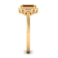 Genuine Citrine Emerald Cut Engagement Ring with Diamond Halo
