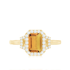 Genuine Citrine Emerald Cut Engagement Ring with Diamond Halo