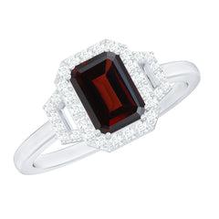 Real 6X8mm Garnet Emerald Cut Engagement Ring with Diamond Halo