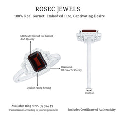 Real 6X8mm Garnet Emerald Cut Engagement Ring with Diamond Halo