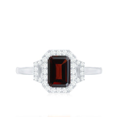 Real 6X8mm Garnet Emerald Cut Engagement Ring with Diamond Halo