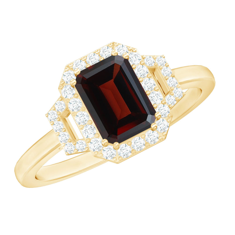 Real 6X8mm Garnet Emerald Cut Engagement Ring with Diamond Halo