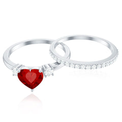 Heart Shape Created Ruby Ring Set with Diamond Enhancer