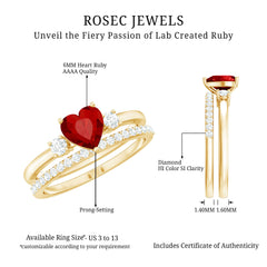 Heart Shape Created Ruby Ring Set with Diamond Enhancer