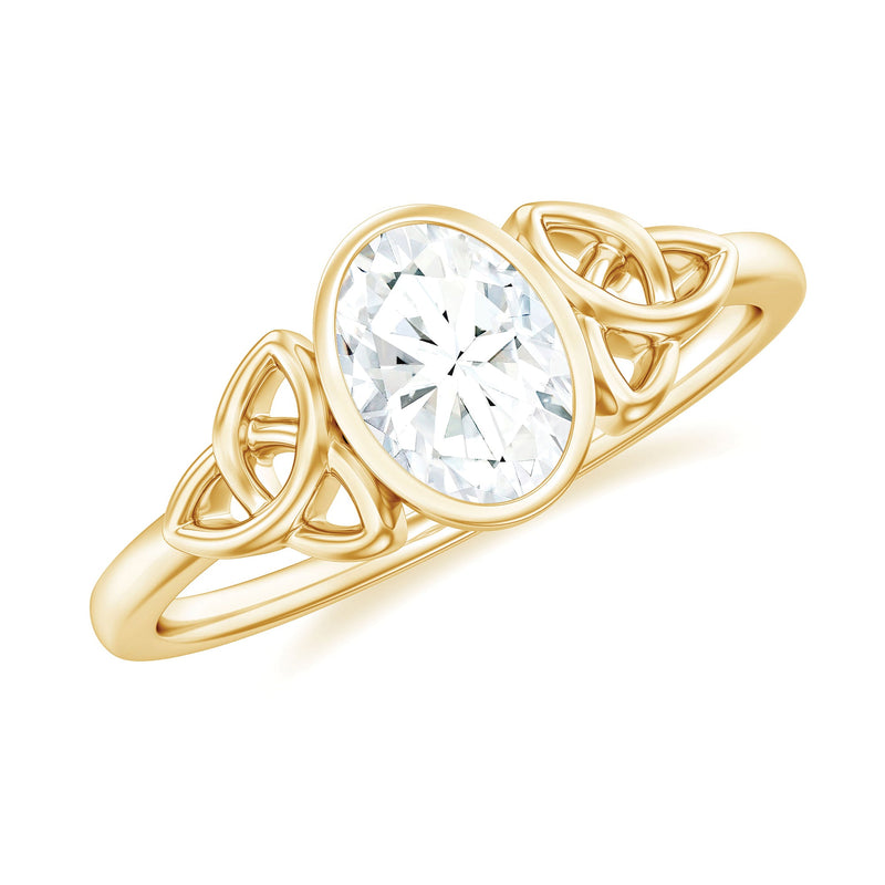 Oval Moissanite Solitaire Celtic Knot Ring in Bezel Setting