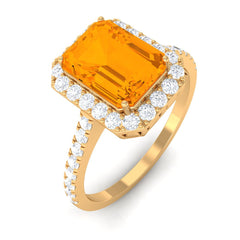 Emerald Cut Fire Opal Simple Engagement Ring with Diamond Halo