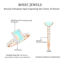 Genuine Ethiopian Opal Emerald Cut Engagement Ring with Diamond Side Stones