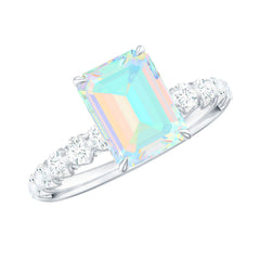 Genuine Ethiopian Opal Emerald Cut Engagement Ring with Diamond Side Stones
