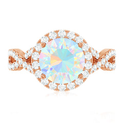 Real 8mm Ethiopian Opal Halo Engagement Ring with Crossover Shank