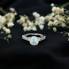 Natural 8mm Ethiopian Opal Diamond Engagement Ring with Side Stones