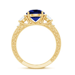 Round Created Blue Sapphire and Moissanite Art Deco Engagement Ring in Gold