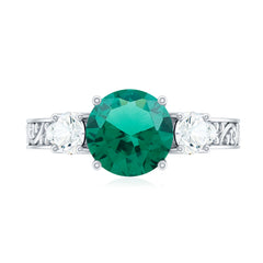 Antique Style Lab Grown Emerald Three Stone Engagement Ring with Moissanite