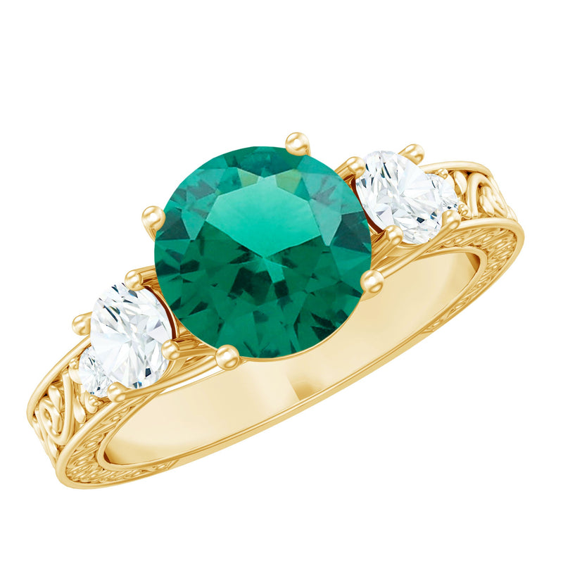 Antique Style Lab Grown Emerald Three Stone Engagement Ring with Moissanite