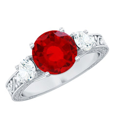 Lab Made Ruby and Moissanite 3 Stone Engagement Ring With Certificate