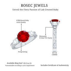 Lab Made Ruby and Moissanite 3 Stone Engagement Ring With Certificate