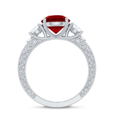 Lab Made Ruby and Moissanite 3 Stone Engagement Ring With Certificate