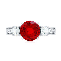 Lab Made Ruby and Moissanite 3 Stone Engagement Ring With Certificate