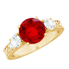 Lab Made Ruby and Moissanite 3 Stone Engagement Ring With Certificate