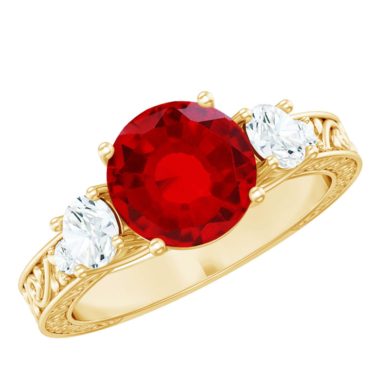 Lab Made Ruby and Moissanite 3 Stone Engagement Ring With Certificate
