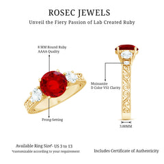 Lab Made Ruby and Moissanite 3 Stone Engagement Ring With Certificate