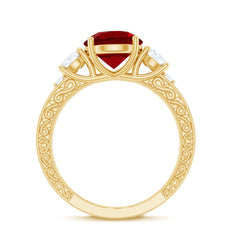 Lab Made Ruby and Moissanite 3 Stone Engagement Ring With Certificate