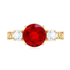Lab Made Ruby and Moissanite 3 Stone Engagement Ring With Certificate